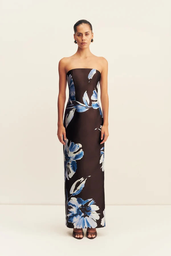 Elsa Panelled Strapless Maxi Dress | Espresso/Blue