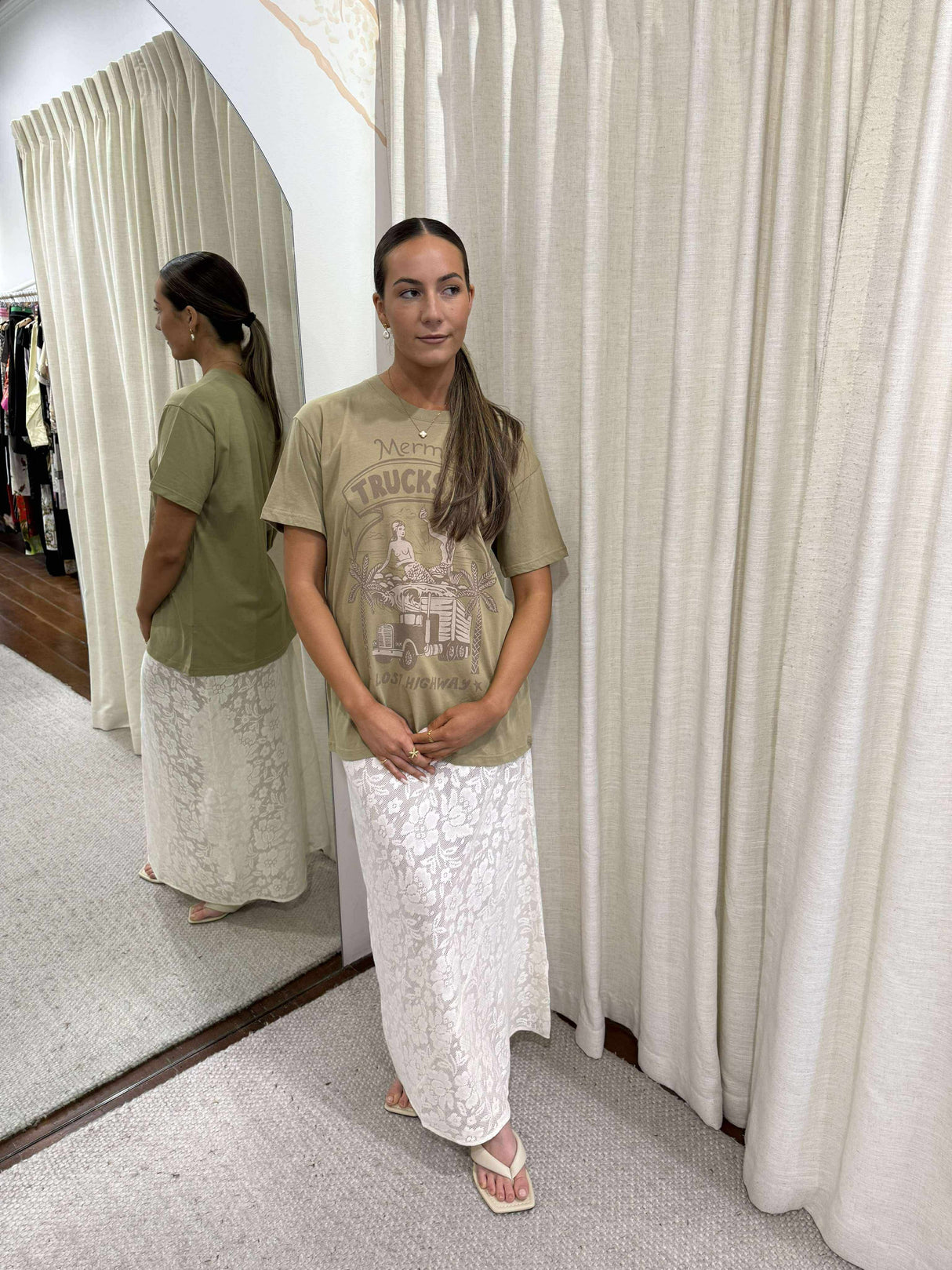 Mermaid Truckstop Biker Tee | Khaki