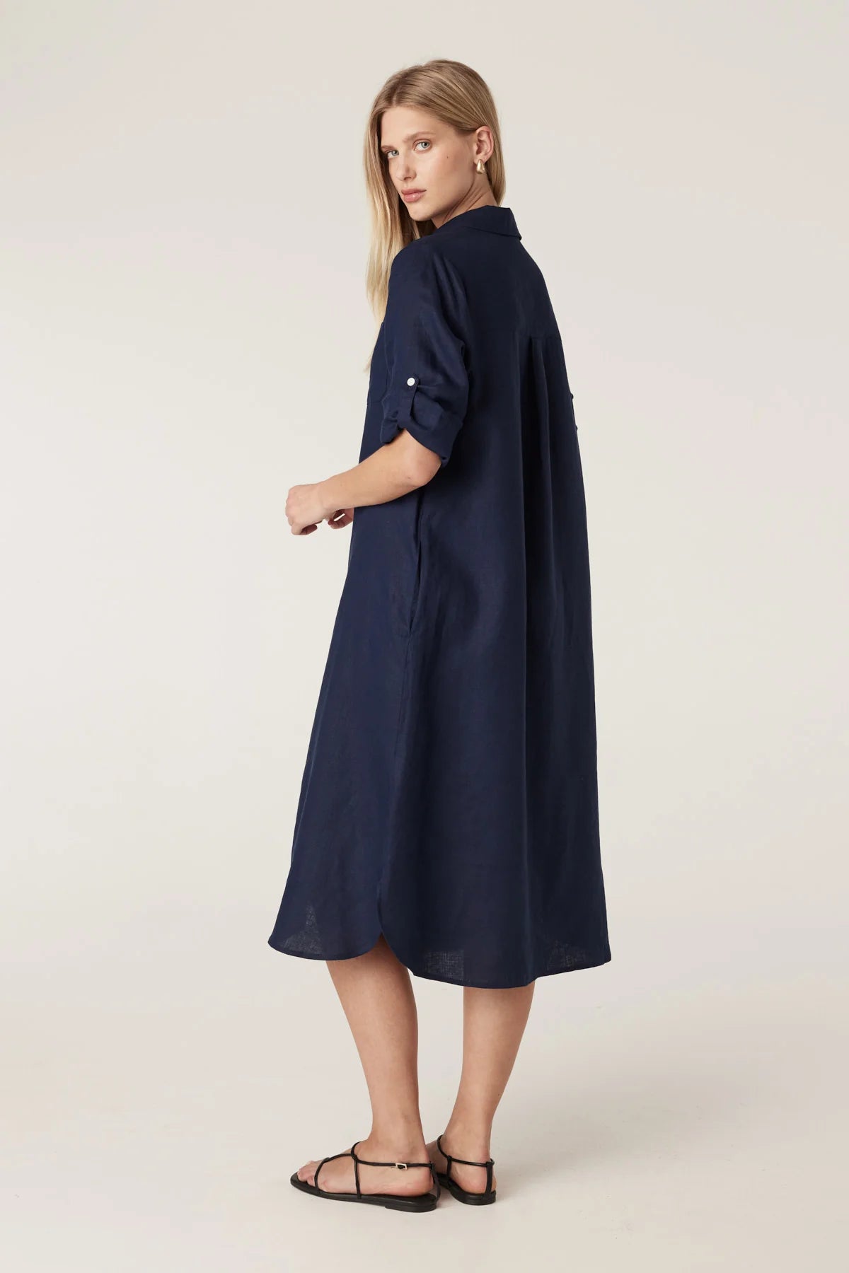Pure Linen Shirt Dress | Navy