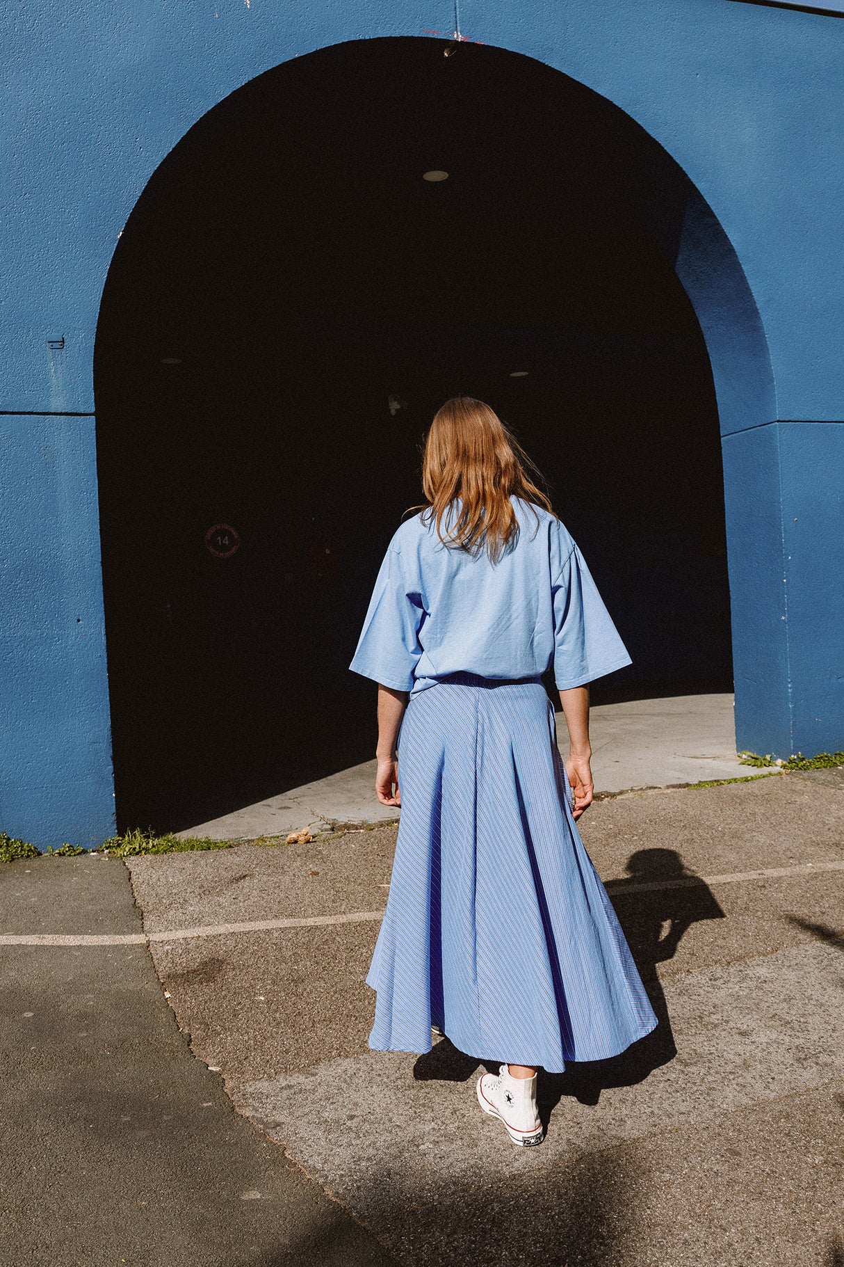 Striped Poplin Caped Skirt | Blue