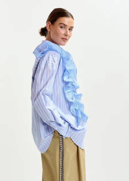 Blue and White Striped Cotton Shirt with Ruffle Detail | Kings Blue