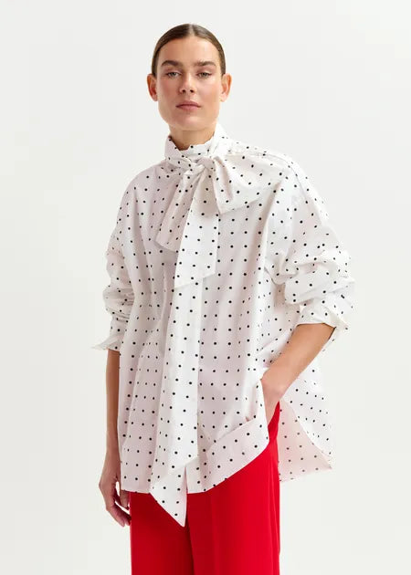 White and Black Polkadot Cotton Shirt with Pussy Bow