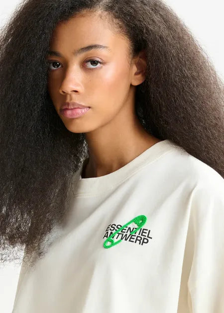 Off White and Green Cotton T-shirt with Beaded embroidery