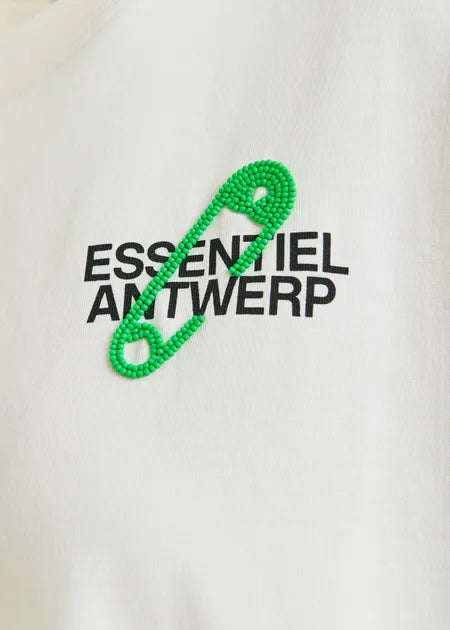 Off White and Green Cotton T-shirt with Beaded embroidery