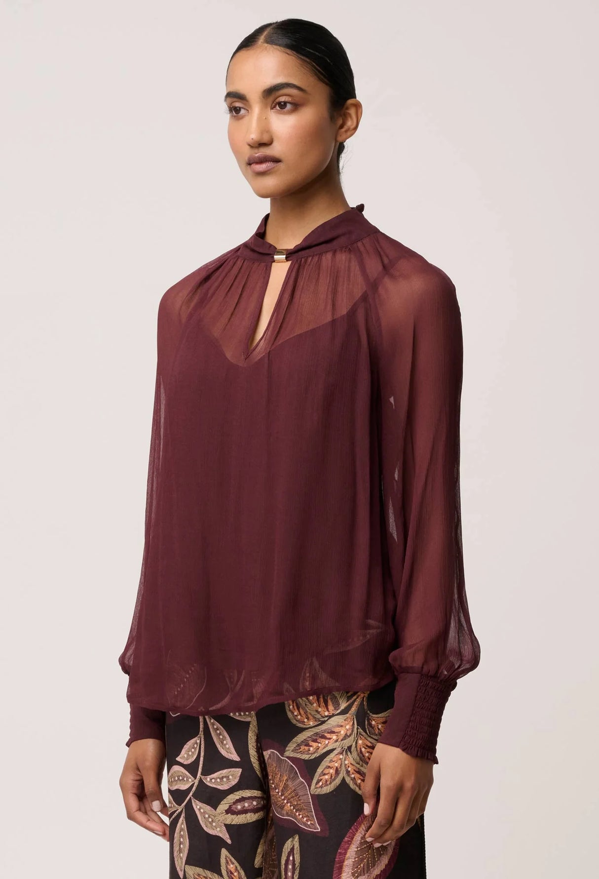 Simona Sheer Viscose Gold Detail Blouse | bordeaux