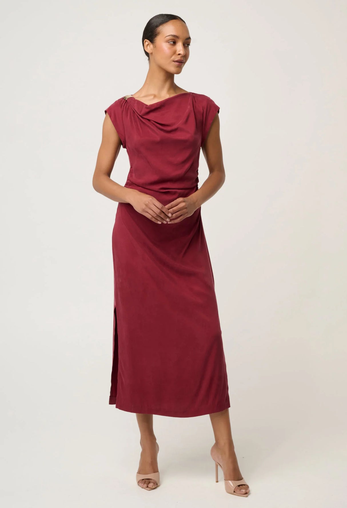 Monique Draped Neck Cupro Viscose Stretch Gold Detail Column Dress | Ruby