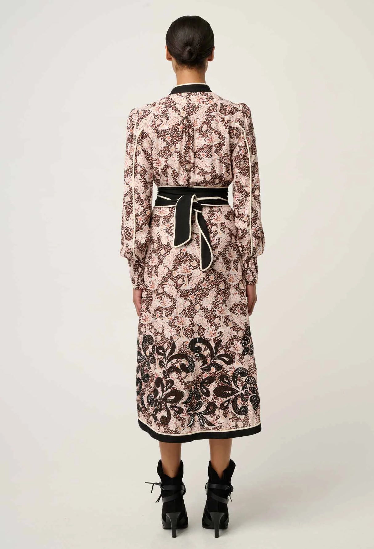 Camille Viscose Linen Curved Hem Placement Embroidered Dress | Russet Palm