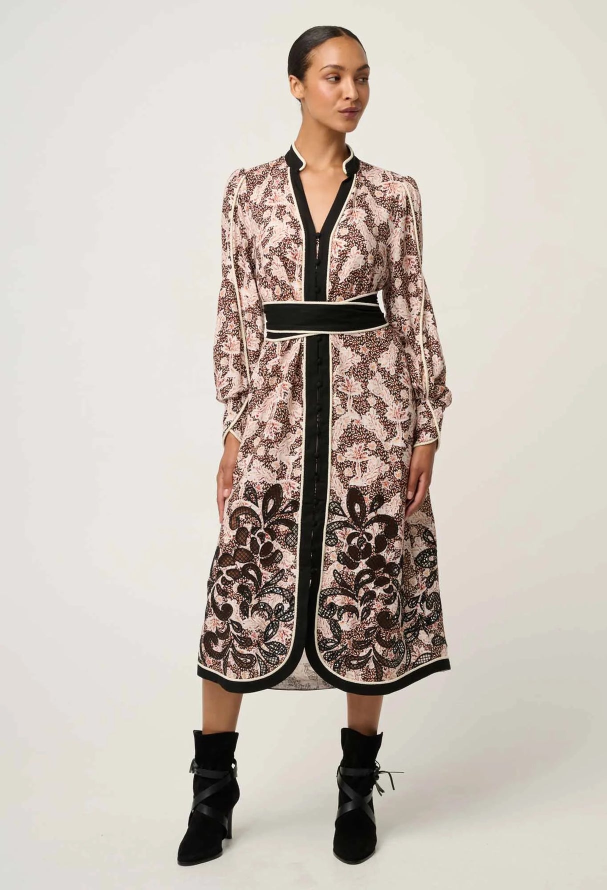 Camille Viscose Linen Curved Hem Placement Embroidered Dress | Russet Palm