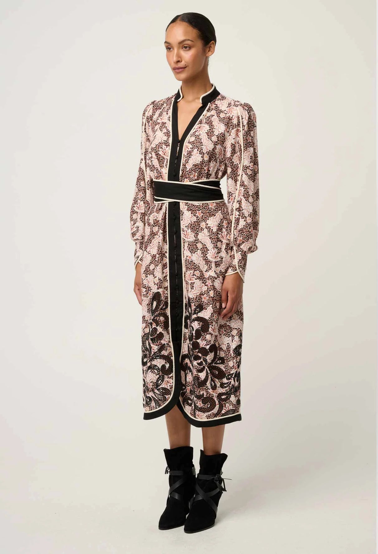 Camille Viscose Linen Curved Hem Placement Embroidered Dress | Russet Palm