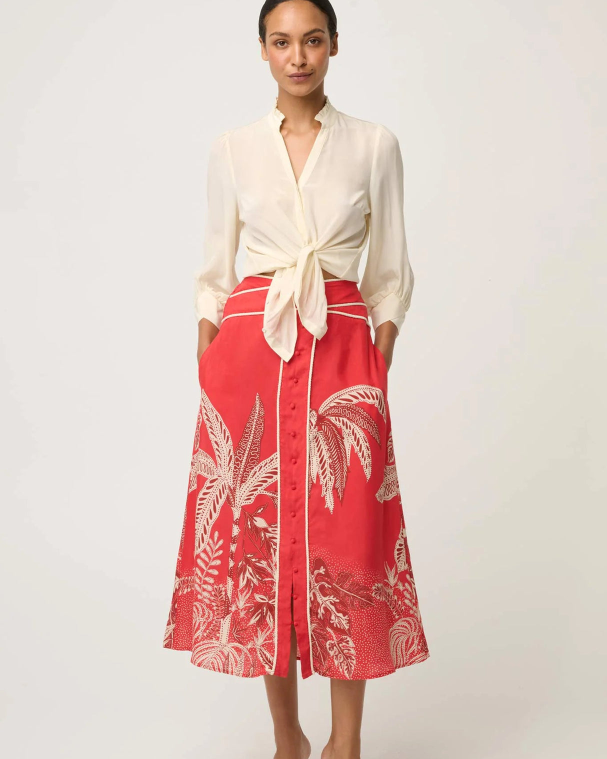 Harper Viscose Faille Placement Print Criss Cross Waist Panel Skirt | Crimson Palms