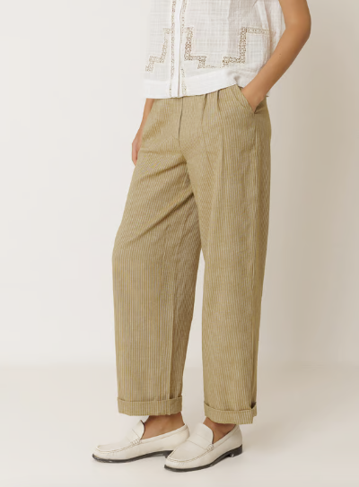 Pleated Pinstripe Trouser | Khaki