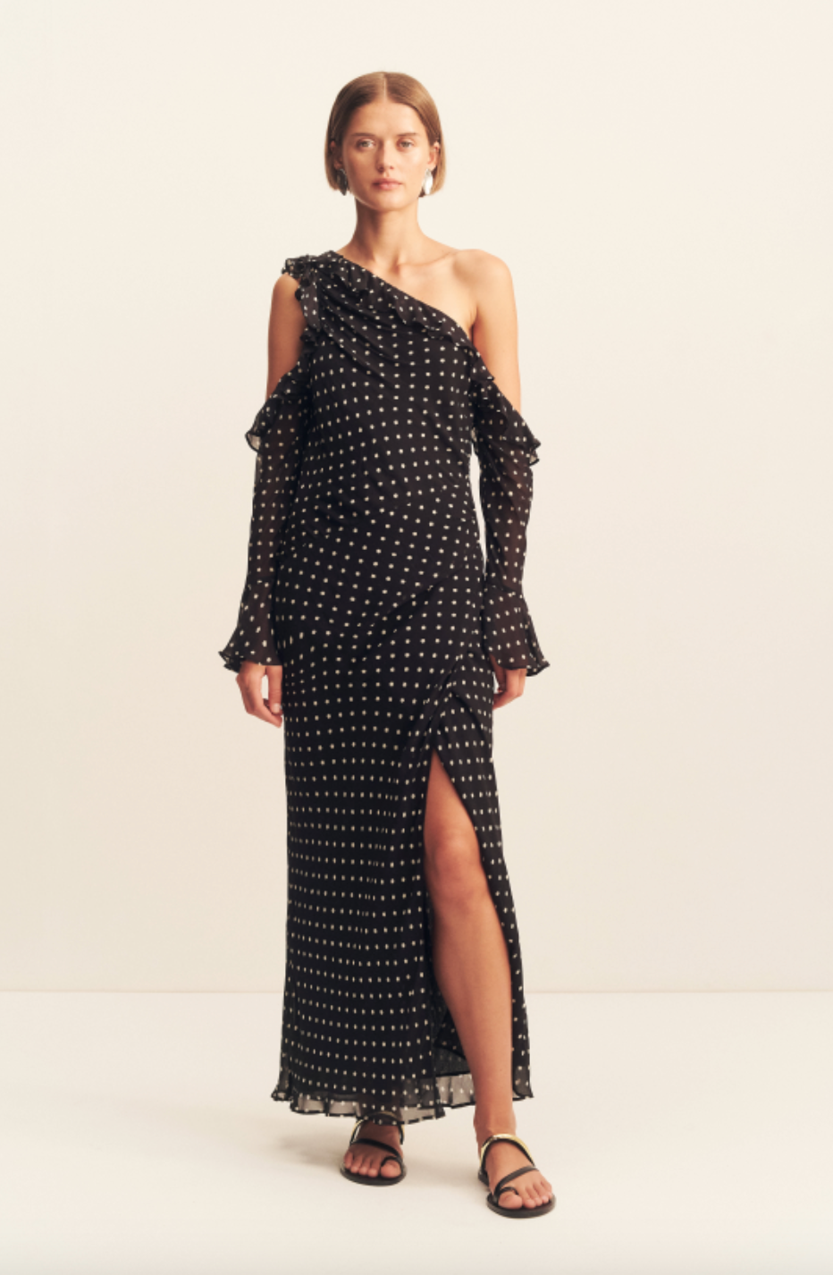 Houston Long Sleeve Ruffle Maxi Dress | Noir Polka