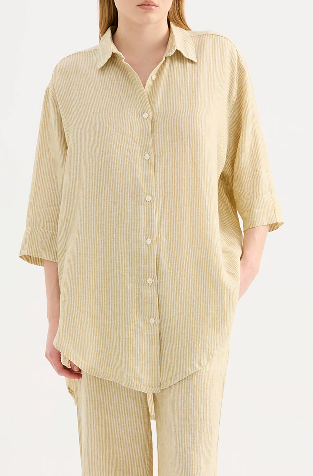 Lounge Stripe Linen Long Shirt | Moss Stripe
