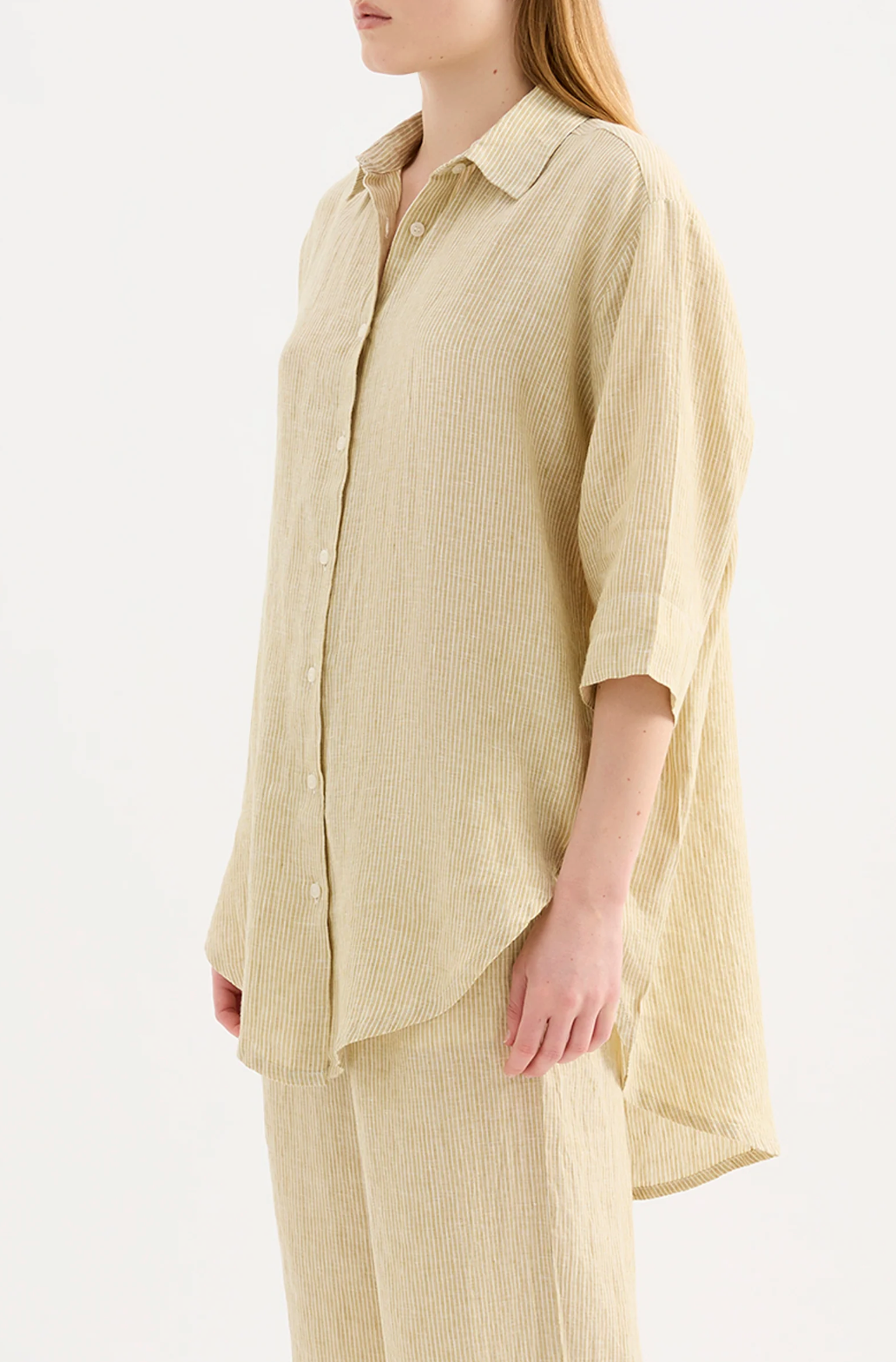 Lounge Stripe Linen Long Shirt | Moss Stripe