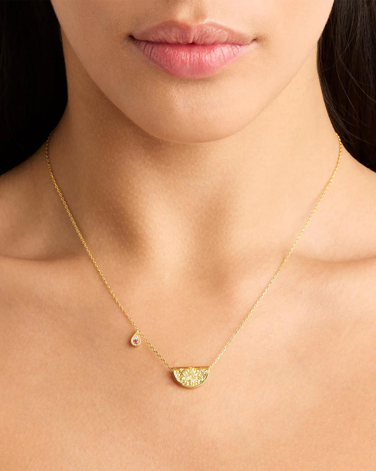 18K Gold Vermeil Lotus Birthstone Necklace - October Pink Tourmaline