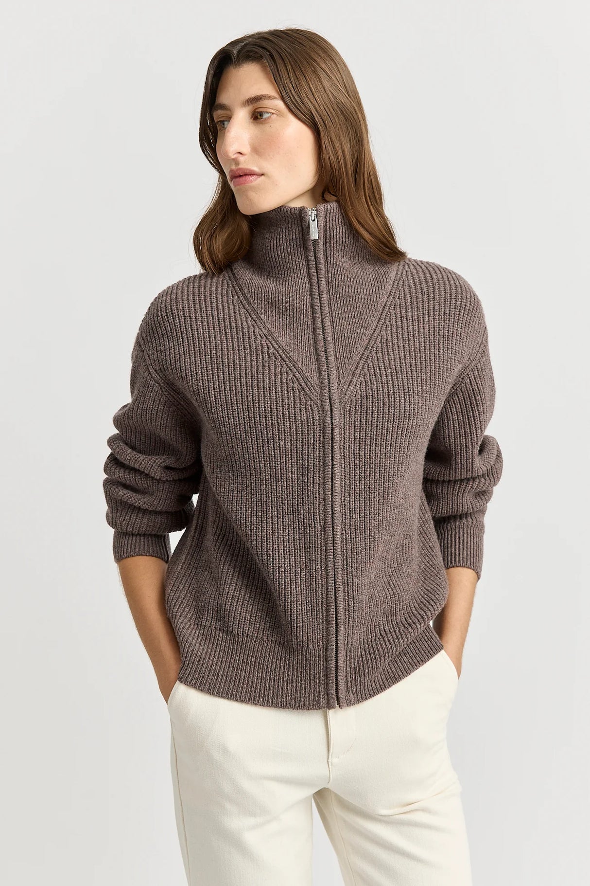 Zip Through Rib Knit | Mocha