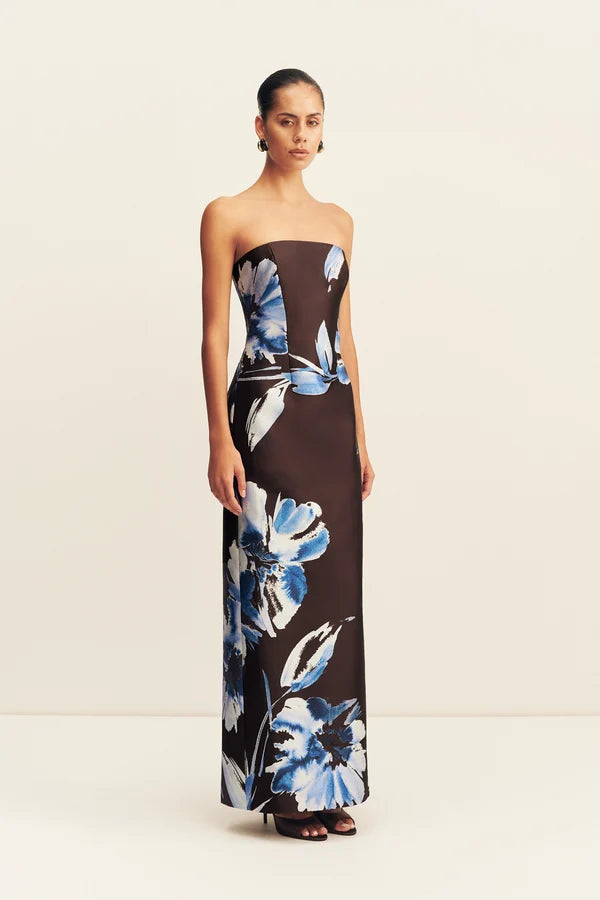 Elsa Panelled Strapless Maxi Dress | Espresso/Blue