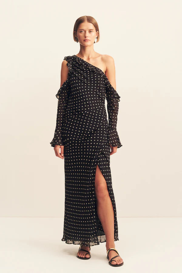 Houston Long Sleeve Ruffle Maxi Dress | Noir Polka