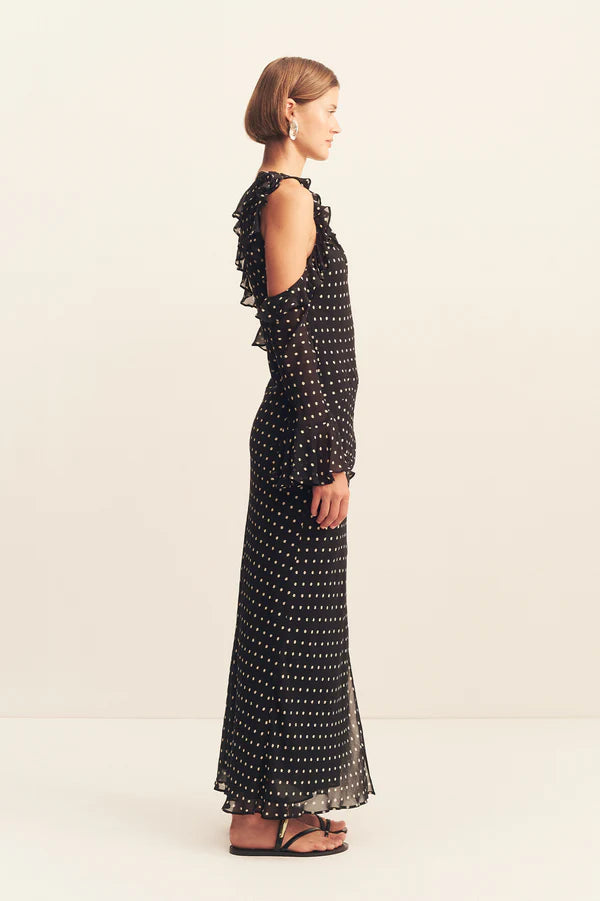 Houston Long Sleeve Ruffle Maxi Dress | Noir Polka