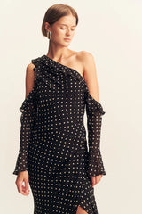 Houston Long Sleeve Ruffle Maxi Dress | Noir Polka