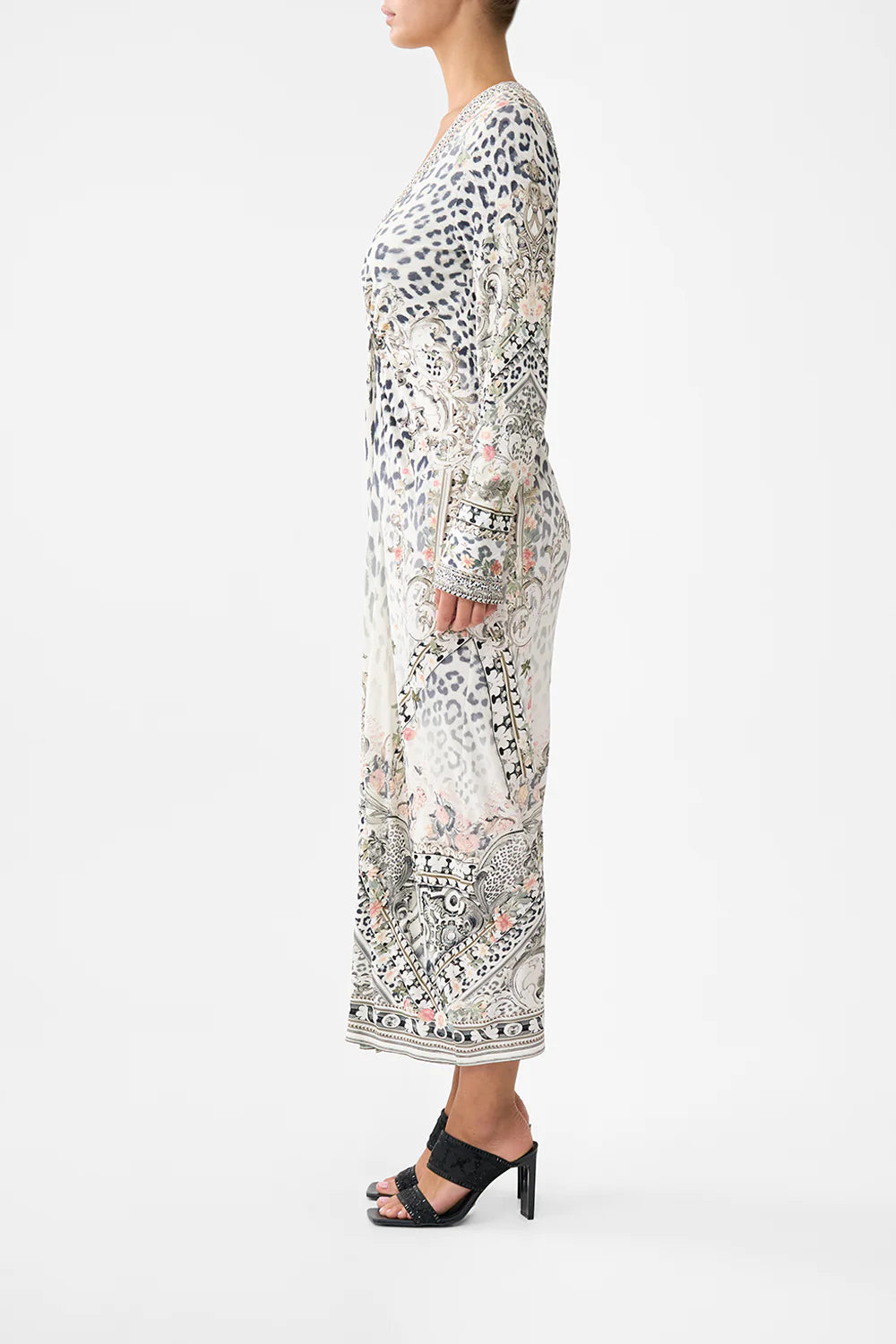 Long V Neck Twist Front Jersey Dress | Marble Heaven