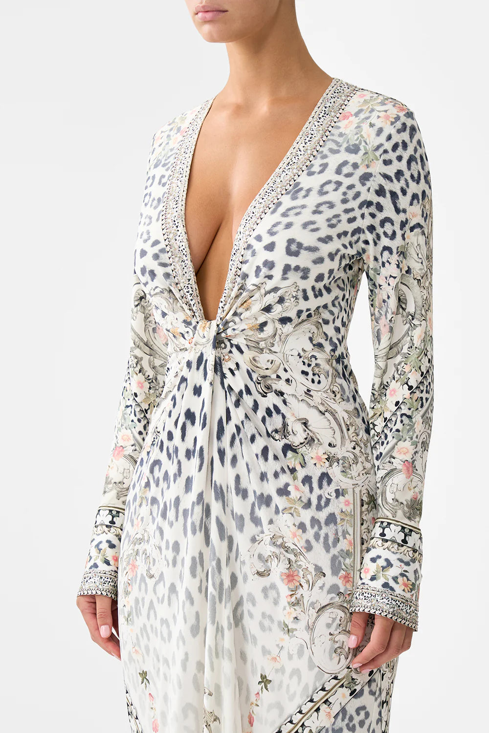 Long V Neck Twist Front Jersey Dress | Marble Heaven