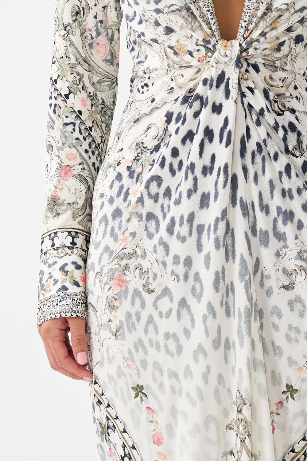 Long V Neck Twist Front Jersey Dress | Marble Heaven