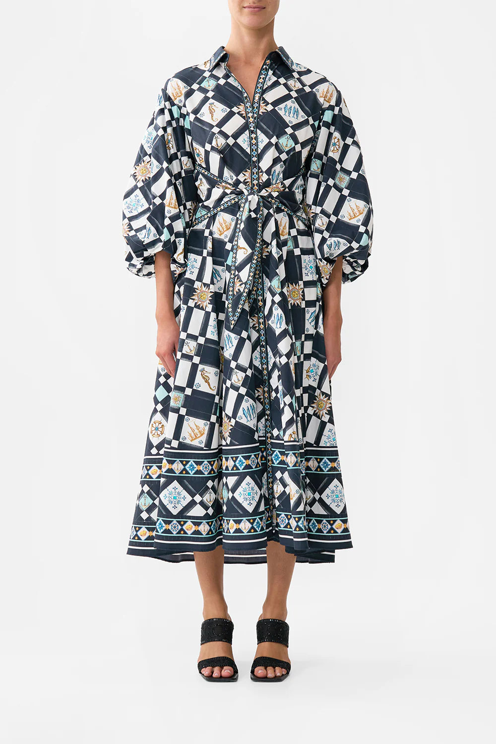 Waist Tie Shirt Dress with Bubble Sleeve | Folk Afloat