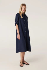 Pure Linen Shirt Dress | Navy