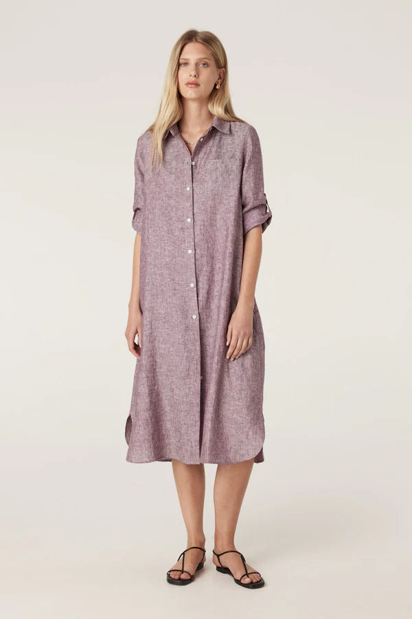 Pure Linen Shirt Dress |Berry