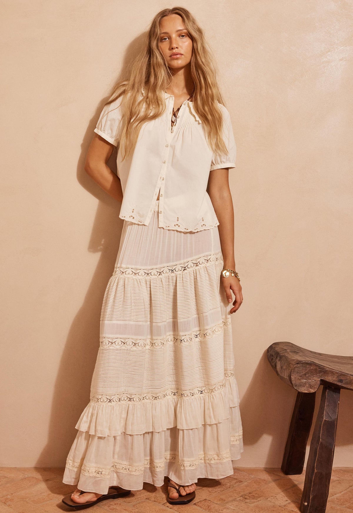Ines Tiered Midi Skirt | Light Sand
