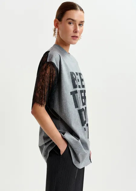 Grey and Black Graphic Cotton T-Shirt with Lace Details