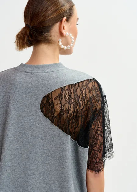 Grey and Black Graphic Cotton T-Shirt with Lace Details