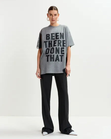 Grey and Black Graphic Cotton T-Shirt with Lace Details