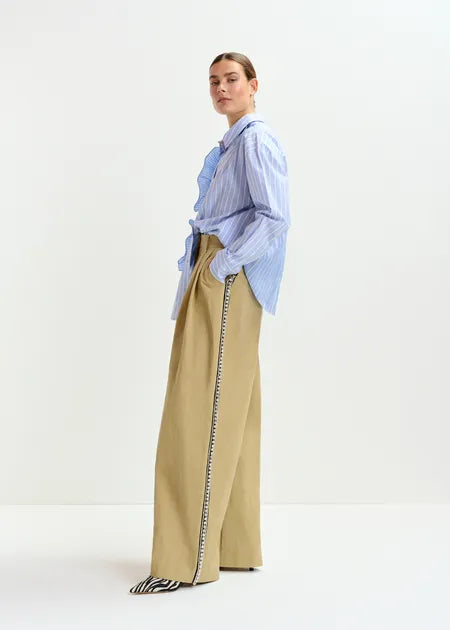 Blue and White Striped Cotton Shirt with Ruffle Detail | Kings Blue