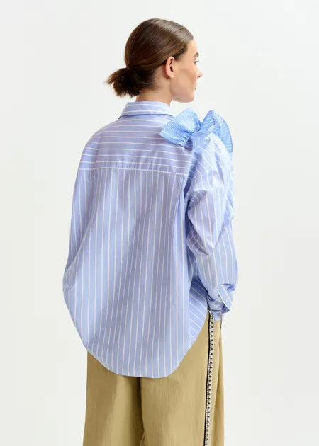 Blue and White Striped Cotton Shirt with Ruffle Detail | Kings Blue