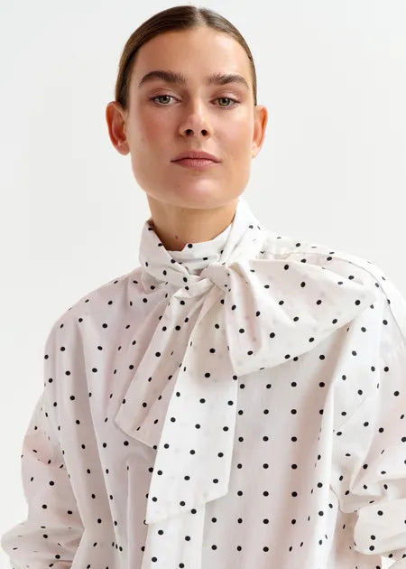 White and Black Polkadot Cotton Shirt with Pussy Bow