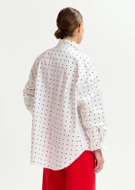 White and Black Polkadot Cotton Shirt with Pussy Bow