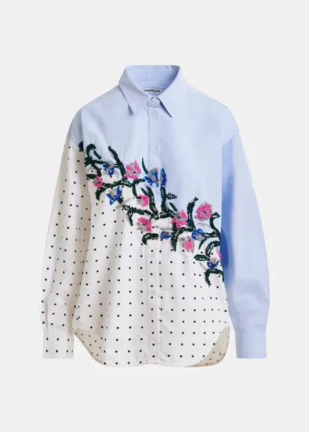 Blue, White and Multicolour Cotton Shirt with Sequin Flowers & Polka Dot Contrast