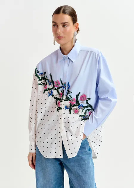 Blue, White and Multicolour Cotton Shirt with Sequin Flowers & Polka Dot Contrast