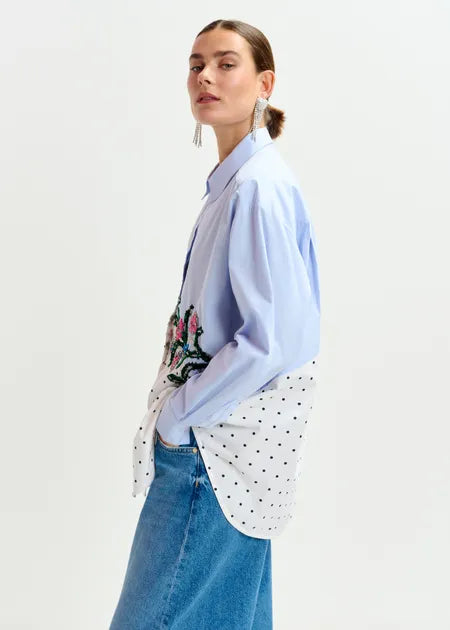 Blue, White and Multicolour Cotton Shirt with Sequin Flowers & Polka Dot Contrast