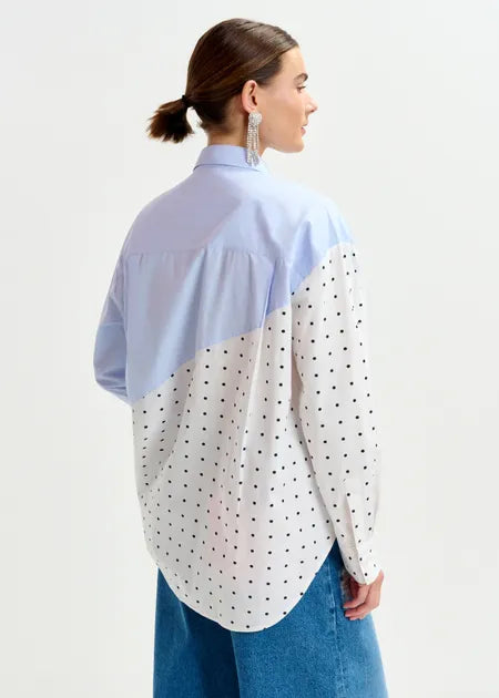 Blue, White and Multicolour Cotton Shirt with Sequin Flowers & Polka Dot Contrast