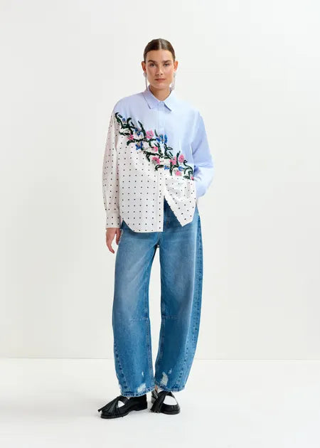 Blue, White and Multicolour Cotton Shirt with Sequin Flowers & Polka Dot Contrast