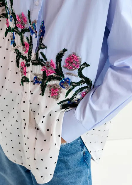 Blue, White and Multicolour Cotton Shirt with Sequin Flowers & Polka Dot Contrast