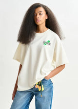 Off White and Green Cotton T-shirt with Beaded embroidery