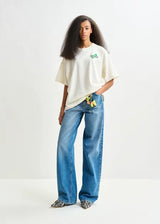 Off White and Green Cotton T-shirt with Beaded embroidery