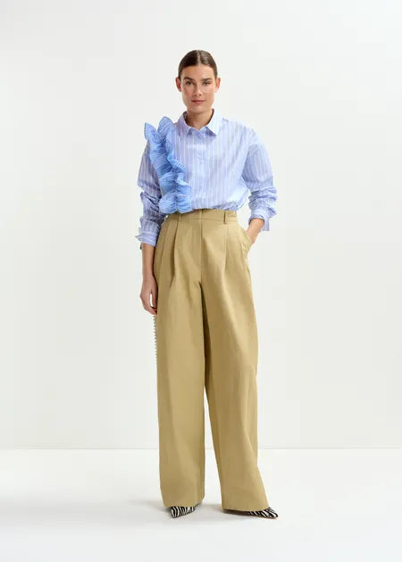 Beige Rhinestone-Trimmed Pleated Wide Leg Pants