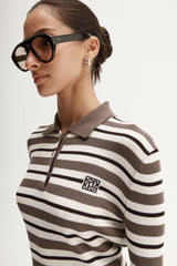Ana Long Sleeve Polo | Chocolate Multi Stripe
