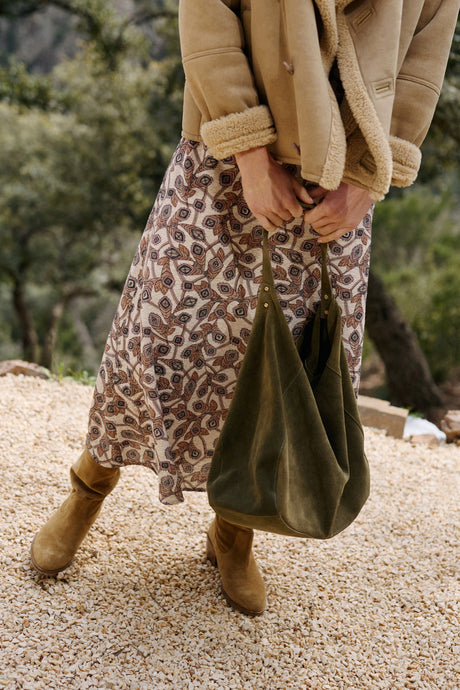 Split Leather Tote Bag | Khaki