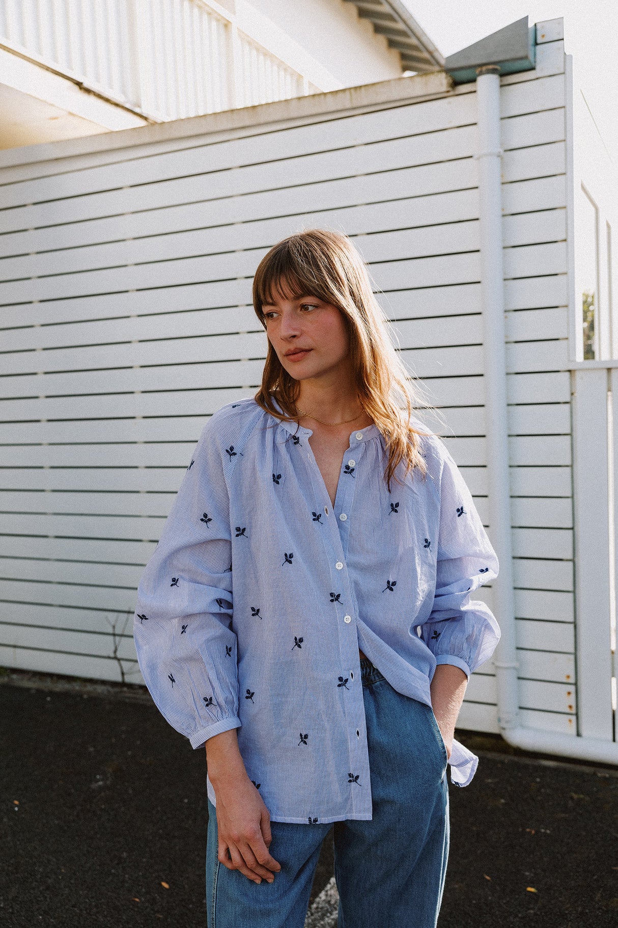 Pinstripe Cotton Embroidered Shirt | Blue